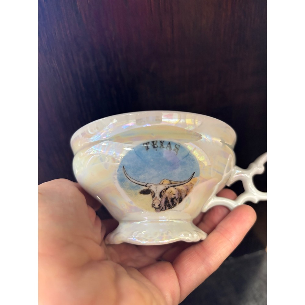 Vintage Texas Longhorn Lusterware Teacup Iridescent Porcelain Souvenir Cup